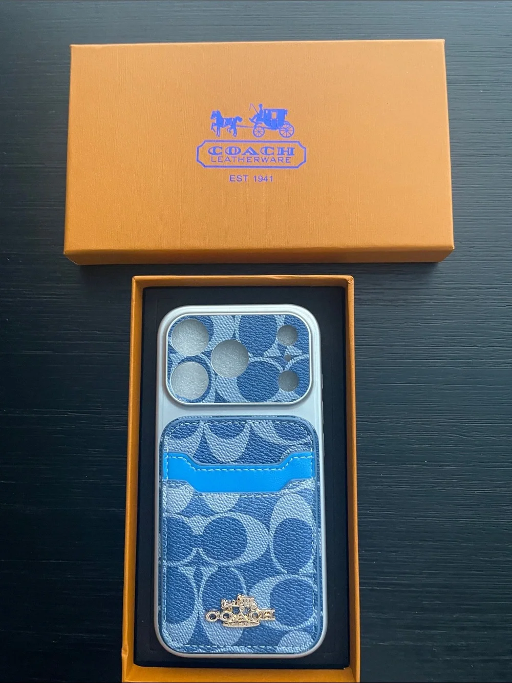 iPhone 17 pro Coach Blue Signature Canvas Phone Case with Bright Blue Card Slot
